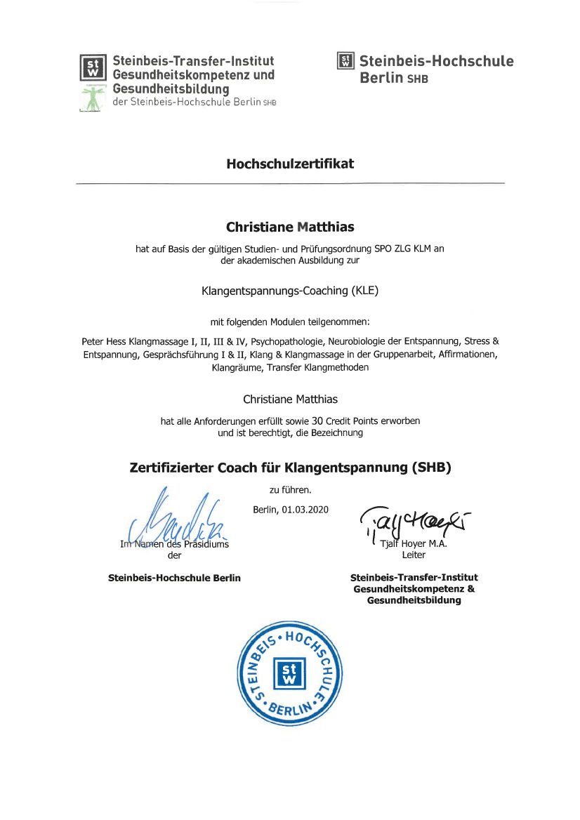 Zertifizierter Coach für Klangentspannung (Steinbeis-Hochschule Berlin)